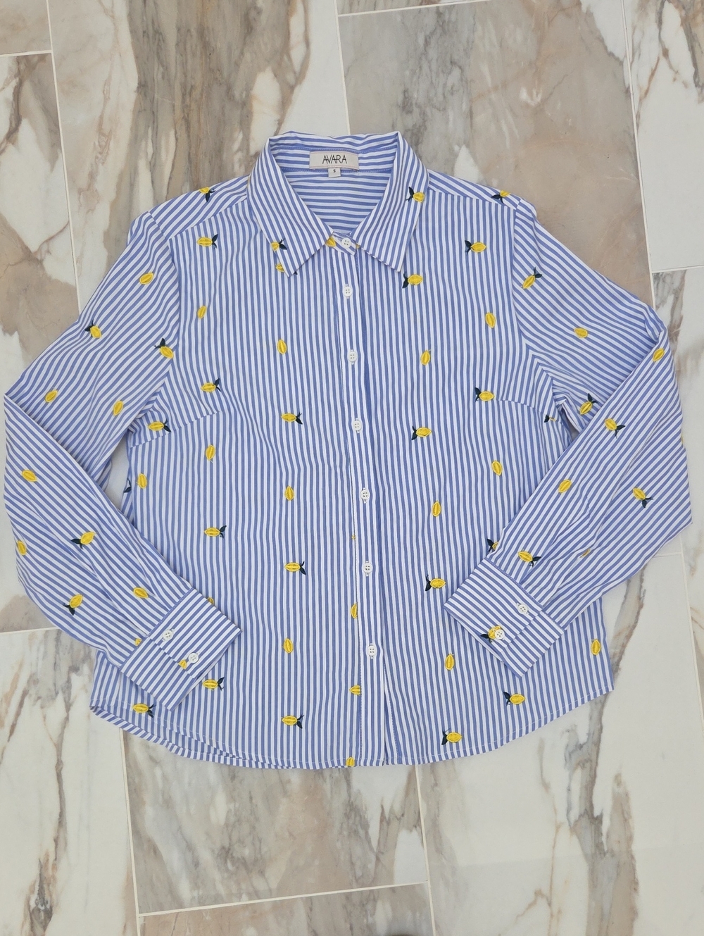 Avara Lolita Embroidered Lemon Striped Button Down Shirt Size S